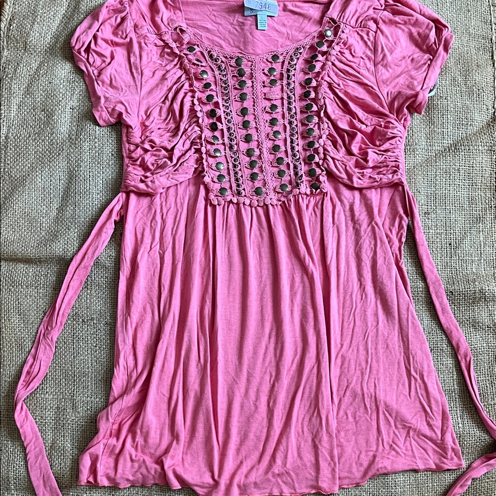 Boho Festival Women's Pink Embellished Short Sleeve Top ruche detail bronze bead